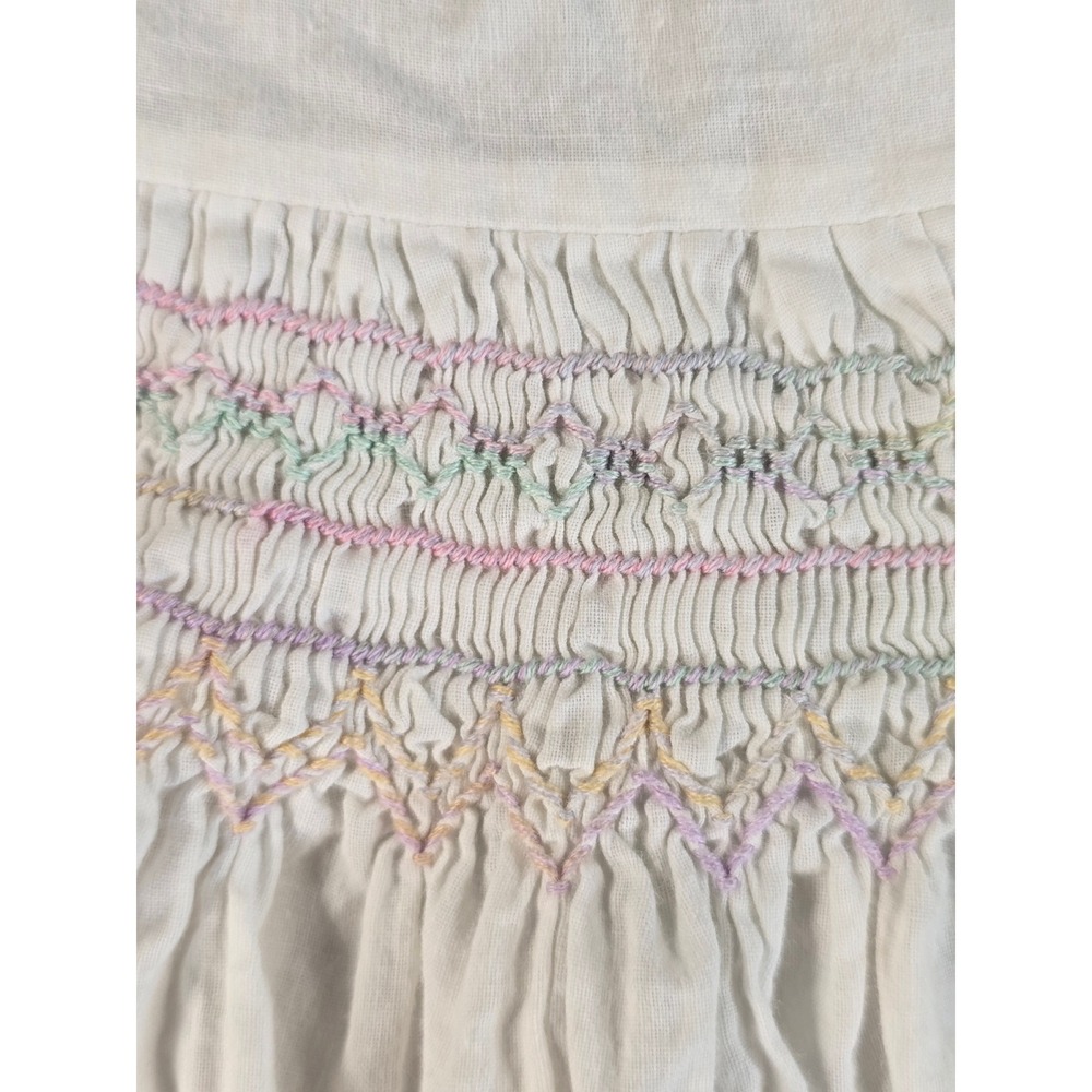 Vintage Hand Smocked Baby Dress White Cotton Pastel Embroidery Short Sleeve 3-6m - Picture 5 of 9